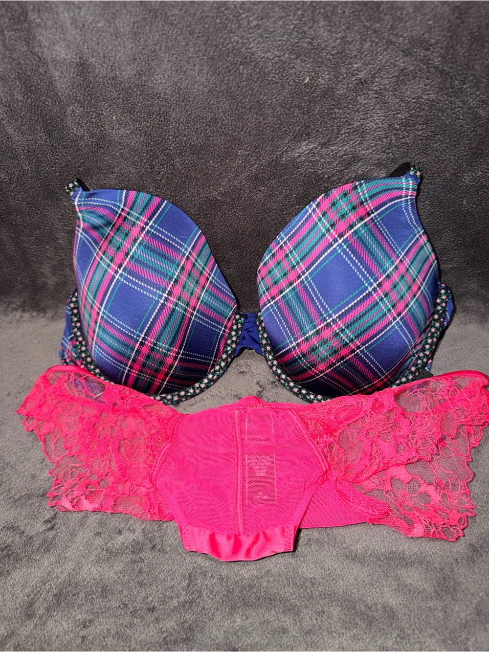 Victoria’s Secret Plaid lightly lined Bra and Hot Pink Lace Bikini Set